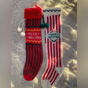 70s Festive Red and White knit Christmas Stockings set of 2
